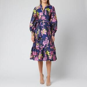 Stine Goya Niki Jacquard Floral Print Midi Dresses Daffodil Indigo Pink Size XL